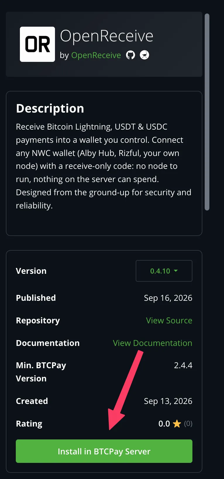Click Install in BTCPay Server on the OpenReceive plugin page