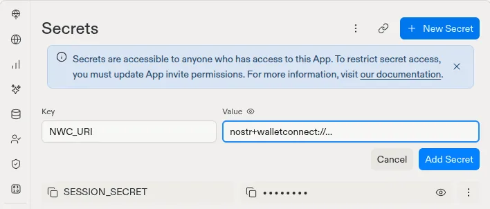 The Secrets tool with a new secret named NWC_URI