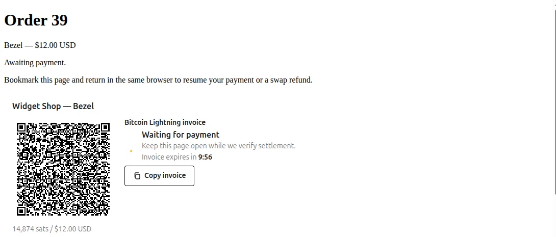 The published shop's checkout showing a Lightning invoice with its QR code