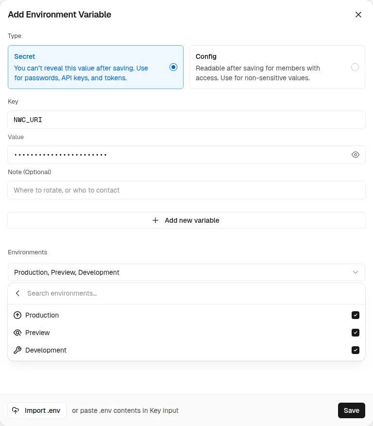 Vercel's Add Environment Variable dialog: Secret, key NWC_URI, all three environments