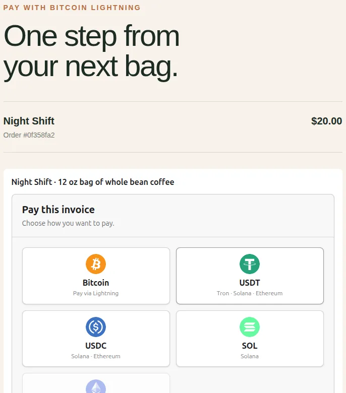 The OpenReceive checkout in a v0 coffee shop on a $20 order: Bitcoin, USDT, USDC and SOL, and below them the top of a greyed-out ETH tile