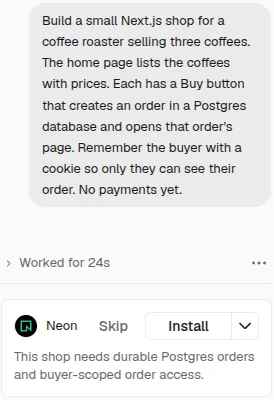 v0 suggesting Neon in the chat, with an Install button