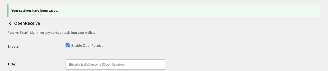 Your settings have been saved, with Enable OpenReceive ticked and the title Bitcoin & stablecoins (OpenReceive)
