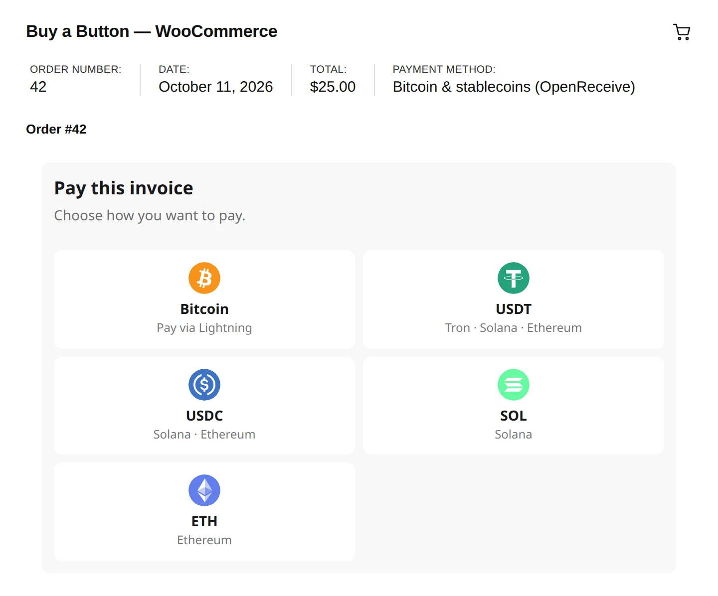 A WooCommerce order-pay page with OpenReceive's Pay this invoice step: Bitcoin, USDT, USDC, SOL and ETH