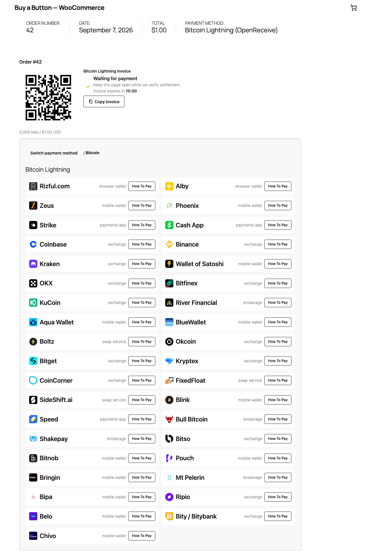 OpenReceive checkout in the local WooCommerce demo